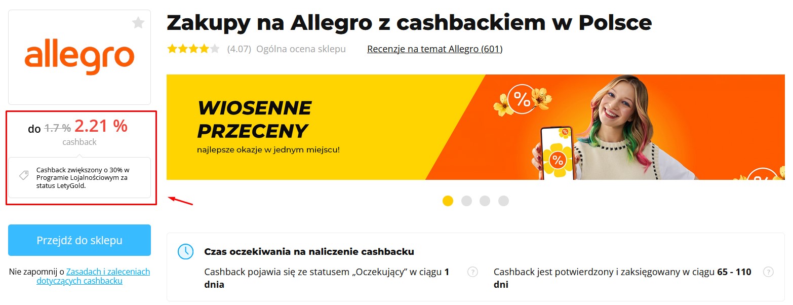 Strona Allegro na Letyshops – cashback do 2,21% i promocje do -30% przed Allegro Days.