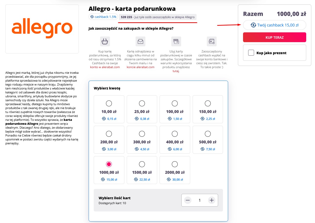 Karta podarunkowa Allegro o wartości 1000 zł z cashbackiem 1,5% na AleRabat – zyskaj 15 zł zwrotu za zakup.