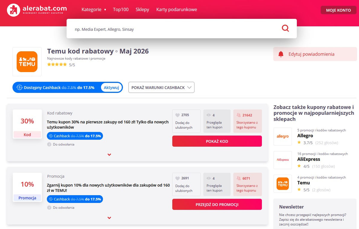 Zwiększony cashback TEMU w Alerabat.com
