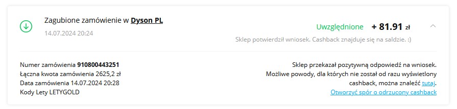 Pozytywnie rozpatrzony wniosek reklamacyjny o cashback z Dyson.pl przez Letyshops Pozytywnie rozpatrzony wniosek reklamacyjny o cashback z Dyson.pl przez Letyshops