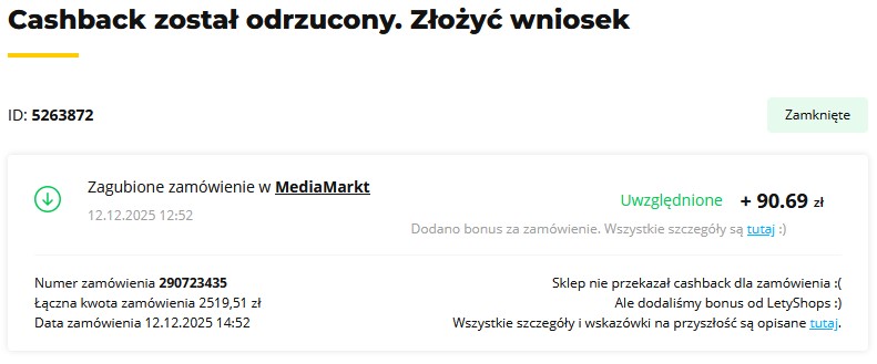 Odrzucony cashback przez Media Markt - uwzględniony cashback w Letyshops Odrzucony cashback przez Media Markt - uwzględniony cashback w Letyshops
